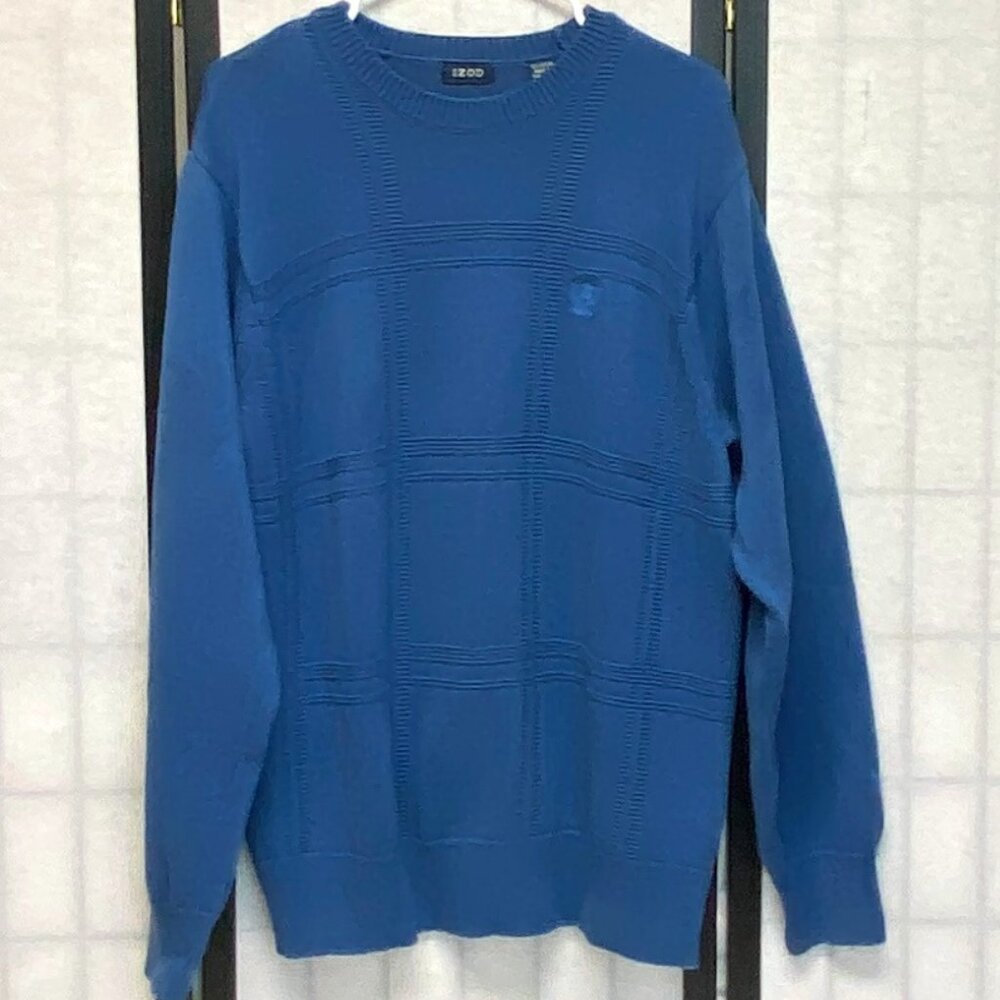 Izod Blue Windowpane Cotton Knit Crewneck Pullover Sweater L Long Sleeve Top